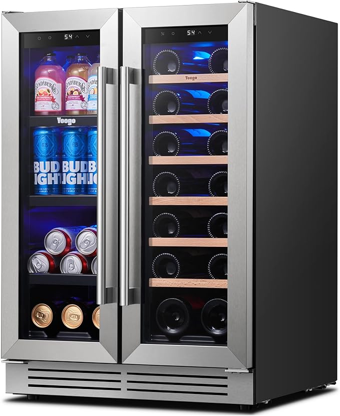 Yeego 24 Inch Wine and Beverage Refrigerator - 60 Cans & 20 Bottles Wine Fridge with Glass Door, 36-72°F Built-In or Freestanding Dual Zone Wine Cooler for Kitchen Bar Office Beer Soda Drink