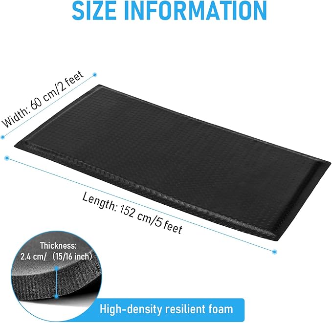 2 x 5 FT Anti Fatigue Mats Industrial 15/16 Inch Thick Soft Sponge Ergonomic Mat Durable Heavy Duty Diamond Plate for Standing Non Slip Industrial Grade Floor Mat for Leg & Back Pain (Black)