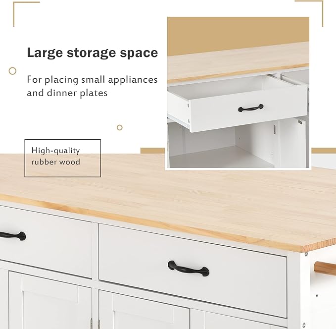 Favfurish Kitchen Island Cart on Locking Wheels with 4 Cabinet and 2 Drawers, Rolling Coffee Bar Trolley w/Solid Wood Tabletop, Adjustable Shelves, Spice & Towel Side Rack, for Dining Room, White