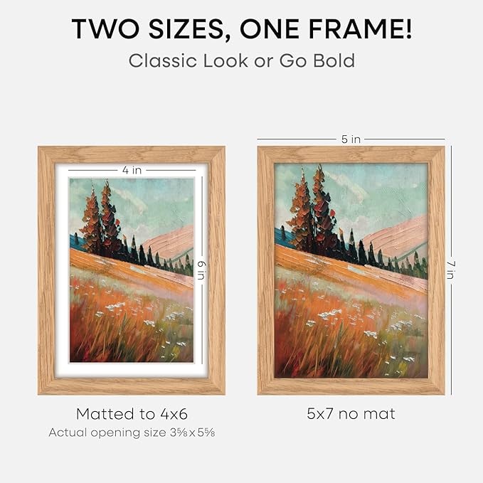 Homeforia 5x7 Picture Frame Wood, High End Natural Oak 5x7 Light Wooden Frames with Mat 4x6 for Photo, 5 x 7 Frame Matted to 4 x 6 Print, 7x5 Wall or Tabletop Frame, Tempered Glass, Wall Kit, Set of 2