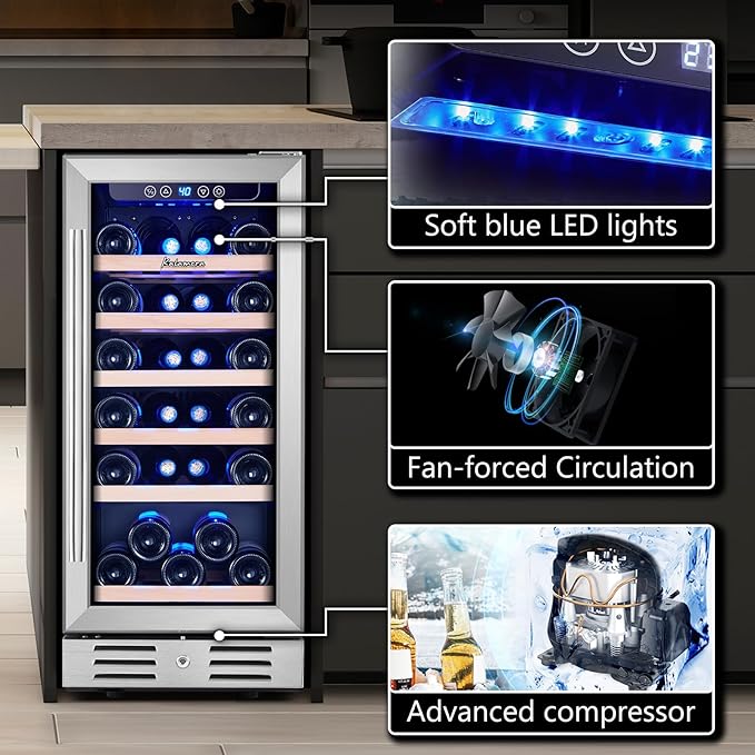 Kalamera 15 Inch Wine Cooler Refrigerator - 30 Bottle Under Counter Mini Fridge with Double-Layer Tempered Glass Door and Temperature Memory Function Built-in or Freestanding