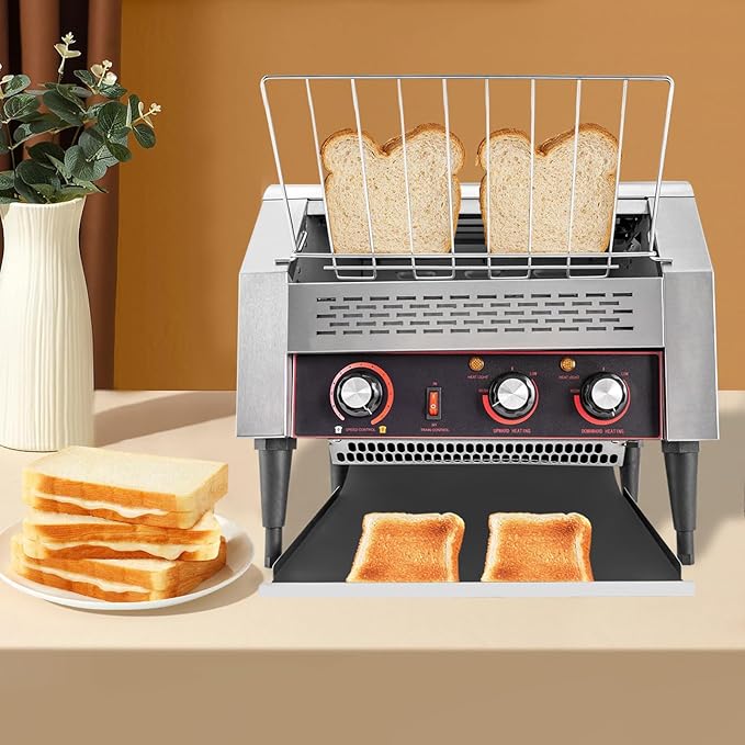 Commercial Conveyor Toaster-450 Slices/H, 2600W Stainless Steel Toasters with Seven Speeds & Independent Temperature Control, Toaster Ovens Countertop for Raditional White Slices (TT-450L)