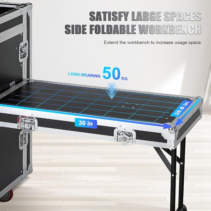16u Dj Road Case, Recording Studio Rack Stand With Audio Mixer Stand & Wheels, Portable Media Storage Cabinet for Stage Performance Professional Audio Storage