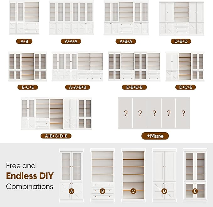 70.8" Tall Farmhouse Kitchen Pantry Cabinet with Doors, Modular Wooden Storage Hutch with 4-Tier Adjustable Shelves, White Buffet Cabinet for Kitchen and Living Room, Set of 3