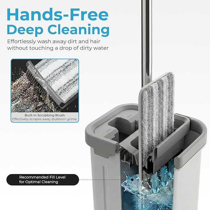 Mop and Bucket Set with Wringer, Flat Mops for Floor Cleaning, 4 Washable Microfiber Pads, Quick Cleaning Mop Safe on Wood Floors, Vinyl, Tile, Baseboards and Walls
