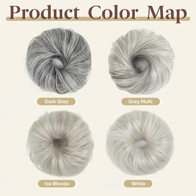 CJL HAIR 2PCs Small Cute Messy Bun Hair Piece for Thin Hair Women Mini Synthetic Curly Bun Scrunchies Updo Hairpieces Grey Multi