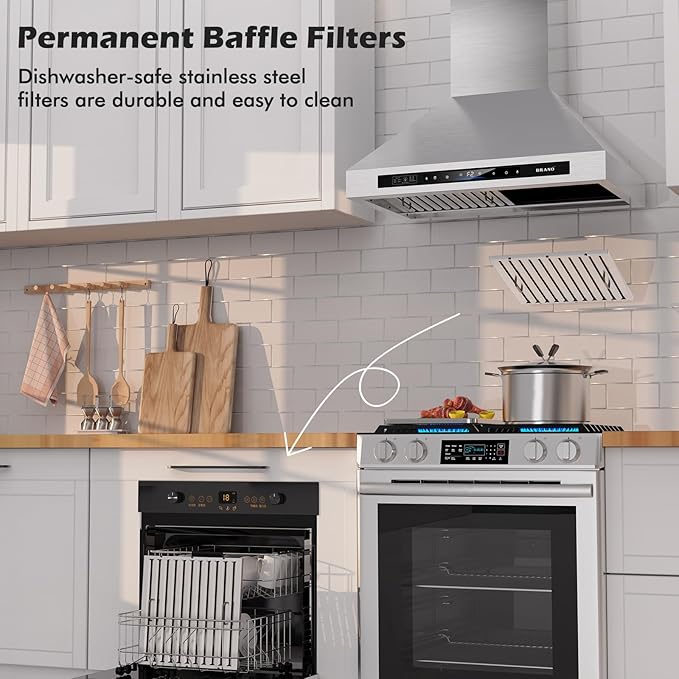 Wall Mount Range Hood 36 inch，900 CFM Kitchen Hood with Voice/Gesture/Touch Control，Vent Hood in Stainless Steel With Ducted/Ductless Convertible, 4 Speed Exhaust Fan