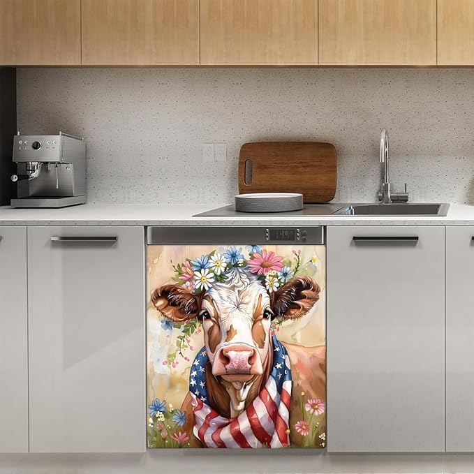 Highland Cow Animal Flower Dishwasher Magnet Cover Magnetic Dishwasher Decorative Cover Front Dishwasher Door Cover Reuseable Dishwasher Cover Panel for Kitchen Refrigerator Home Appliances 23" X 26"