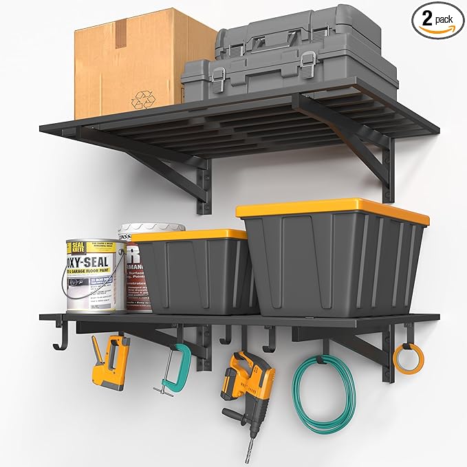 2-Pack 2x3ft Garage Shelving Wall Mounted, 2' x 3' Heavy Duty Garage Storage Shelves with Hooks, 500LB Capacity
