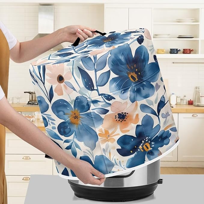 TODIYADDU Ink Blue Flower Pressure Cooker Cover with Pocket Graphic Painting Air Fryer Cover Dust Cover Insulated Kitchen Appliance Cover Protector for Pressure Cooker Accessories