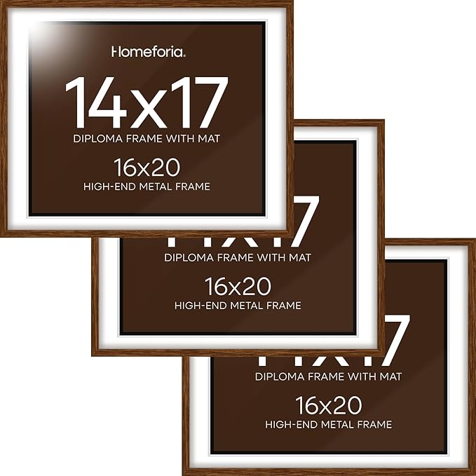 Homeforia 16x20 Diploma Brown Frame, High End Dark Oak 20x16 Certificate Wood Frame with Mat 14x17, 16 x 20 Walnut Wooden Graduation Degree Frame Matted to 14 by 17, Tempered Glass, Wall Kit, Set of 3
