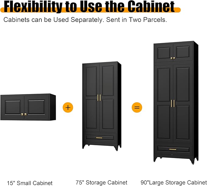Kitchen Pantry Storage Cabinets, 90" Tall Metal Storage Cabinet with Doors and 3 Shelves, Black Pantry Cabinet with Drawer, Kitchen Cupboard, Large Steel Cabinets for Dining Room, Office, Living Room