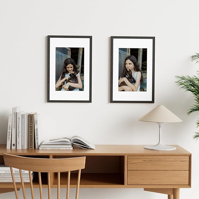 Vittanly 11x17 Picture Frame Set of 2, Solid Wood Frame for Wall Art Photo and Prints, Display Photo 8x12 with Mat or 11x17 without Mat, Black