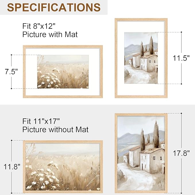 Vittanly 11x17 Picture Frame Set of 2, Solid Wood Frame for Wall Art Photo and Prints, Display Photo 8x12 with Mat or 11x17 without Mat, Natural