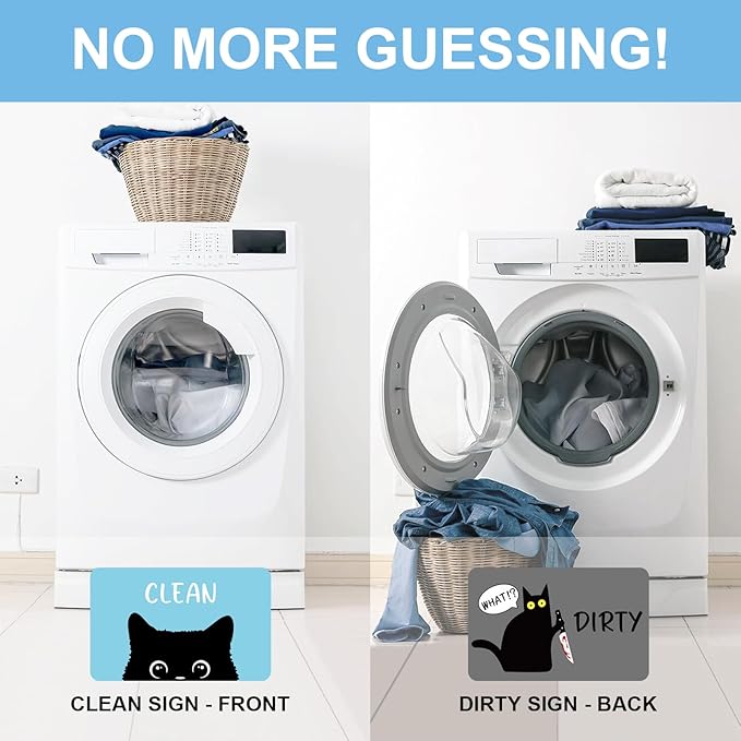Funny Black Cat Cartoon Clean Dirty Dishwasher Magnet, Washing Machine Magnets Flip, Cute Cat Refrigerator Clean Dirty Sign, Double Sided Reversible Non Scratch Dish Washer Magnet Sign (Blue&Gray)