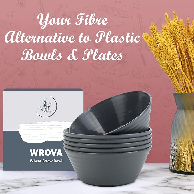 Wrova Wheat Straw Bowl Sets,6PCS Unbreakable Cereal Bowl 36 OZ,Microwave and Dishwasher Safe Bowls,Salad Bowls for Dorm,Apartment,Camping,Picnic (Deep Grey)