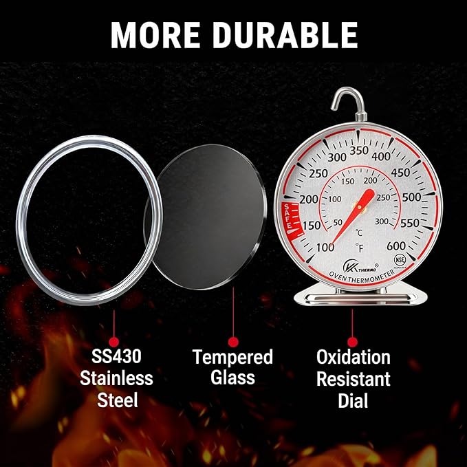 Oven Thermometer 2.4 Inch Oven Temperature Gauge with 360° Rotating Hook Baking Thermometer Hang or Stand Design 50-300°C/100-600°F for Gas/Electric Ovens, Grill, BBQ