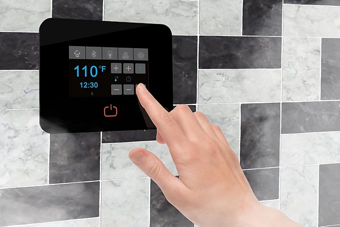 Builders Series 9kW Steam Bath Generator with Quickstart Continuous Steam, Black Digital Touch Pad, Built-in Auto-Drain, and Aroma Steamhead in Matte Black