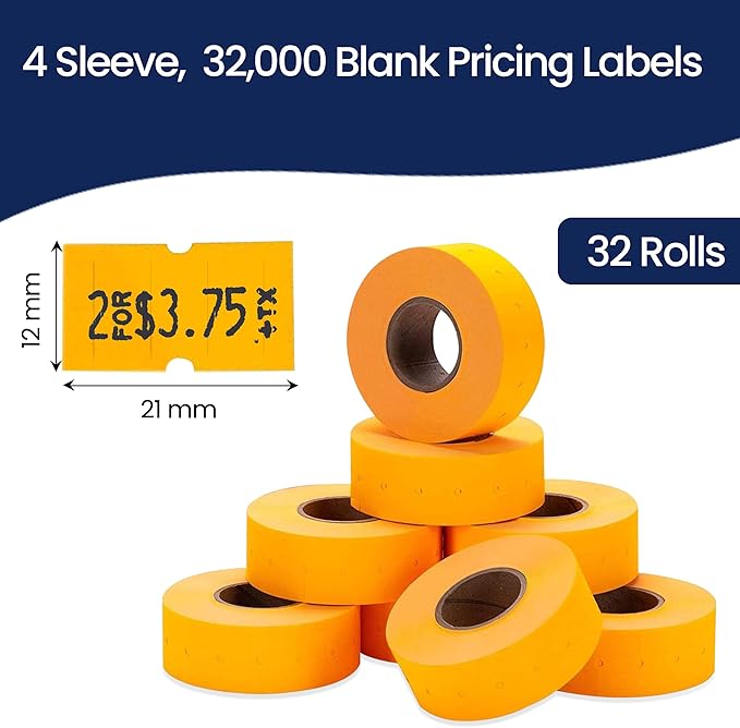 Perco 1 Line Fluorescent Orange Labels - 32 Rolls, 4 Sleeves, 32,000 Blank Price and Date Gun Labels for Perco Lite, X, Plus and Pro 1 Line Price and Date Guns - Made in USA