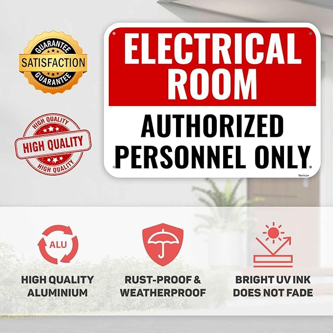 1PC Electrical Room Sign, 14 x 10 Inches - Aluminum - Authorized Personnel Only - Electric Room Signage For Door