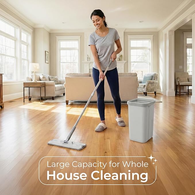 Mop and Bucket Set with Wringer, Flat Mops for Floor Cleaning, 4 Washable Microfiber Pads, Quick Cleaning Mop Safe on Wood Floors, Vinyl, Tile, Baseboards and Walls