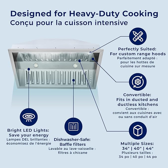 Hauslane Range Hood Insert 34 Inch - Stainless Steel Built-In Vent with 800 CFM Suction, Quiet Operation, LED Lights, 3-Speed Fan, 21" Deep, Ducted/Ductless Convertible for Insert Mount