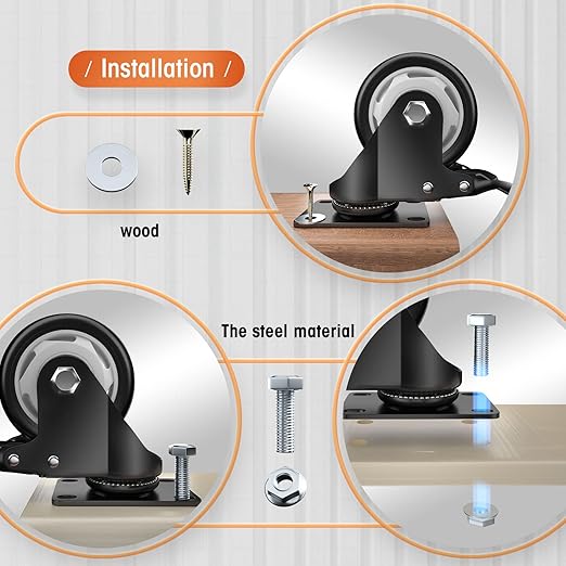 Casters, 3" Caster Wheels，Casters Set of 4 Heavy Duty - ASRINIEY Black Polyurethane Castors, Top Plate Swivel Wheels, 4-Pack Industrial Casters with Brake, Locking Casters for Furniture and Workbench