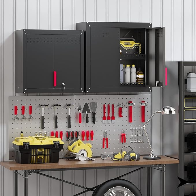 30" Garage Wall Cabinet, Metal Wall Cabinet with Lock & Adjustable Shelf,Heavy-Duty Black Garage Storage Cabinet,Ventilated Metal Wall Cabinets for Workshop & Tools