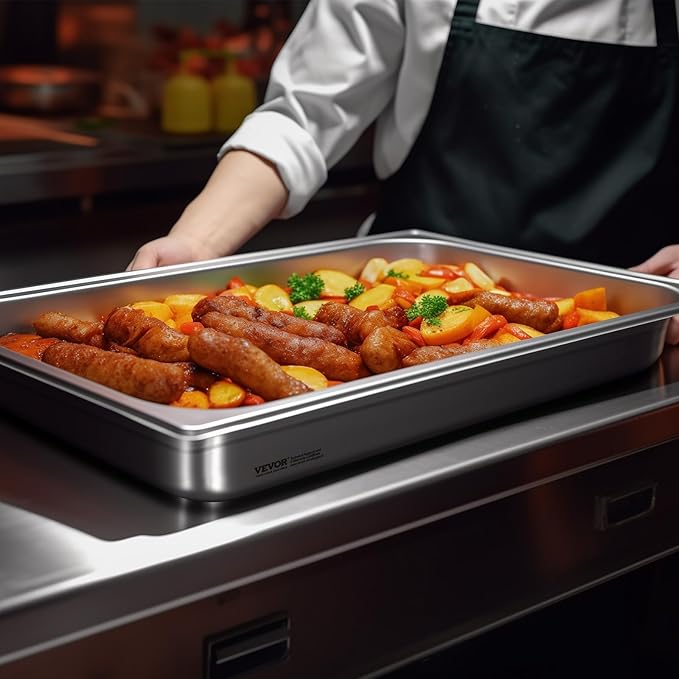 VEVOR 6 Pack Stainless Steel Hotel Pans,Full Size 4 Inch Deep 0.8mm Thick Anti-Jam Commercial Food Pans for Steam Tables, Restaurants, Catering & Industrial Use