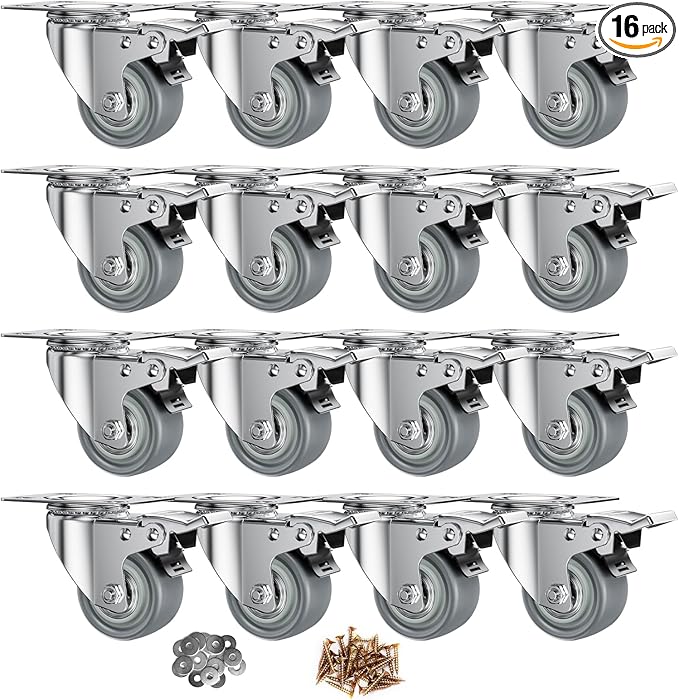 2 inch Caster Wheels, Casters Set of 16 Heavy Duty Locking Castors, Swivel Casters with Brake (Top Plate), Non Marking Grey TPR Rubber Castor Wheels for Cart Furniture Workbench
