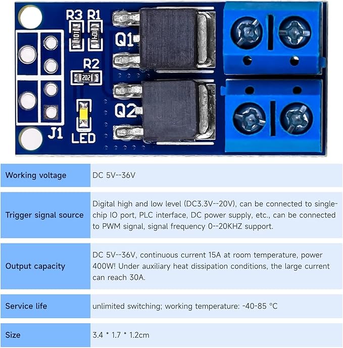Mosfet 5PCS DC 400W 5V-36V Dual Mosfet High-Power Motor Controller Trigger Switch Drive Module 0-20KHz PWM Adjustment Electronic Switch Control Board Motor Speed Control Lamp Brightness Control