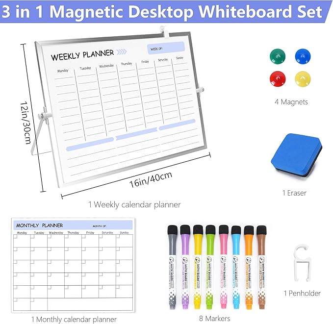 3 in 1 Blue Magnetic Dry Erase Weekly Planner&Monthly Calendar& 16"x12" Double Sided Magnetic Desktop Whiteboard with Stand,8 Markers, 4 Magnets, 1 Eraser for Office,School,Home