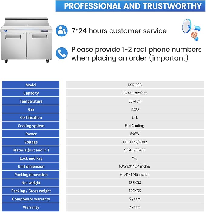 60" W 2 Door Refrigerator Sandwich Salad Prep Table Commercial Stainless Steel Fan Cooling Refrigerator with Cutting Board, 2 Shelves & 16 Pans for Restaurant, Bar, Shop-16.4 Cu.ft