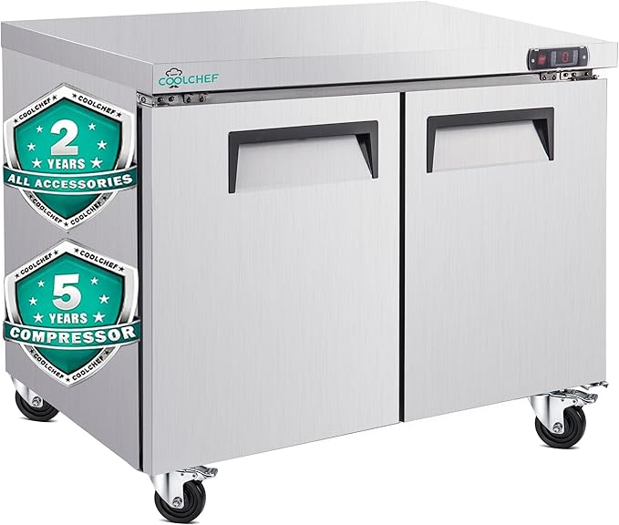 48" Commercial Double Door Worktop Freezer, 12.2 Cu.ft Stainless Steel Undercounter Freezer, -8–0°F, R290