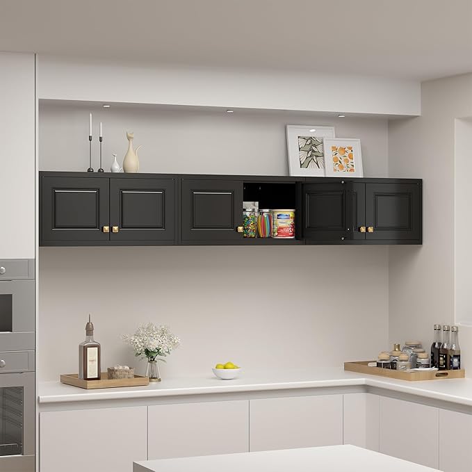 Metal Storage Cabinet with Doors, Small Kitchen Storage Cabinets, Black Wall Cabinet, 15" Tall Home Office Cabinet, Steel Overhead Cupboard for Pantry, Living Room, Kitchen- Assembly Required