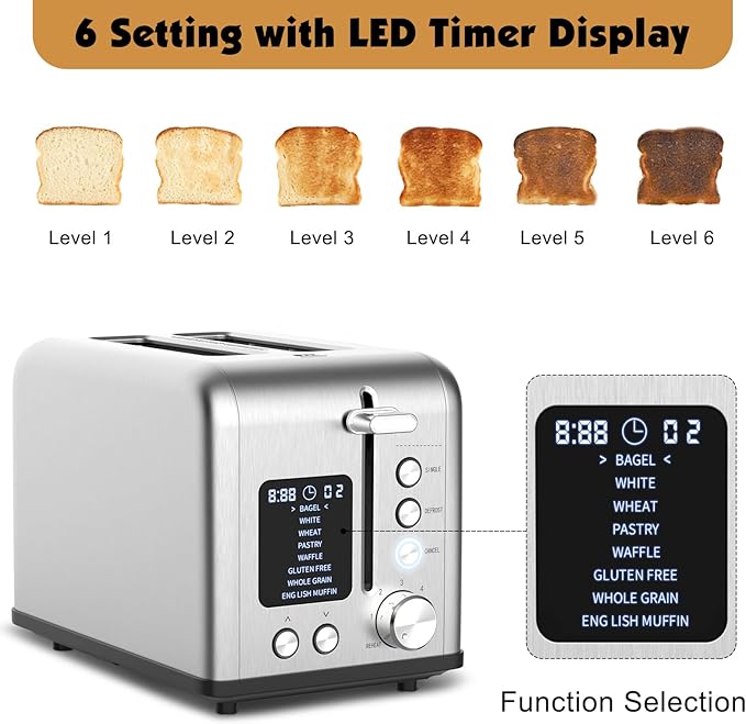 2-Slice Bagel Toaster Stainless Steel with Screen- Single Slice Function for Single-Sided Stuffed Bagel, 8 Bread Types, 6 Browning Levels, LED Countdown Timer, Defrost/Reheat/Cancel, 825W