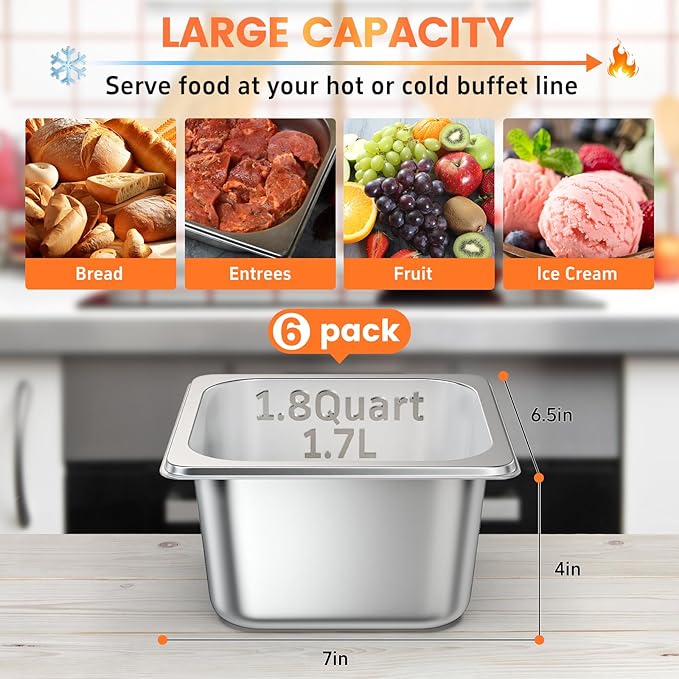 6 Pack Hotel Pans, 1/6 Size 4 Inch Deep Steam Table Pan, Stainless Steel Commercial Food Pan Anti Jam Steam Pan, Breading Trays for Hotel, Party, Buffet, Catering Supplies