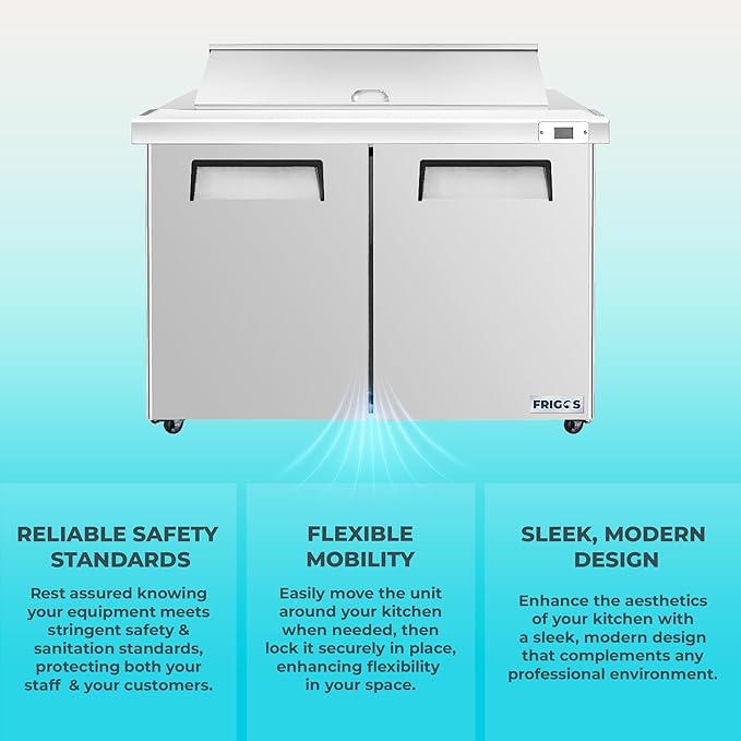 Frigos FG-SWPT-48 13.8 Cu Ft 2 Door Commercial Sandwich Prep Table Refrigerator - Stainless Steel Exterior with LED Lighting - Ideal for Commercial Kitchen Salad Bar Included Liftgate