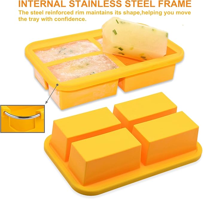 Bangp Silicone Freezer Tray for Soup Ice Cubes,1-Cup Freezing Tray with Lid for Meal Prep,Rice,Broth,Sauce,Leftovers. Makes 4 Perfect 1 Cup Portions. Oven & Dishwasher-Safe