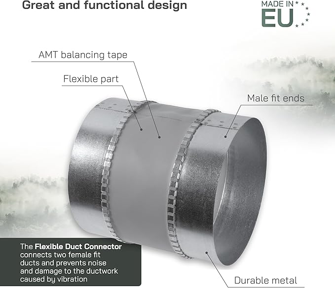 Vent Systems 6" Inch Flexible Vibration-Reducing Male Fit Duct Connector – Round Galvanized Steel Dryer Vent Hose Connector, Spiral Duct, Pipe Extender, HVAC Ventilation - Inline Duct Work Coupler