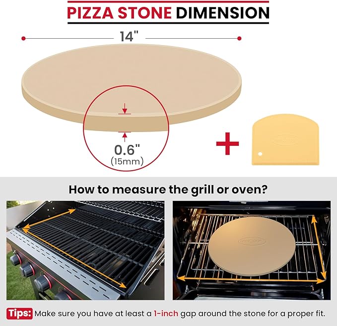 Unicook 14 Inch Round Pizza Stone, Heavy Duty Cordierite Baking Stone for Oven and Grill, Thermal Shock Resistant, Ideal for Baking Crispy Crust Pizzas, Bread, Pies and More, Includes Dough Scraper