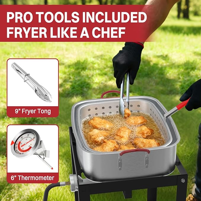 18QT Aluminum Deep Fryer Pot with Basket | Lid | 9" Fryer Tong | 6" Thermometer | Outdoor Fish Fryer Pot | Ideal for Frying Fish | French Fries | Chicken Wings