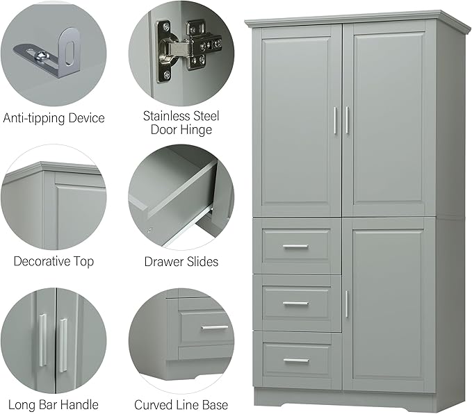 62.2" Wide Storage Cabinet Pantry Cupboard with Doors and Drawers for Home Kitchen, Bathroom and Living Room, Adjustable Shelf, White