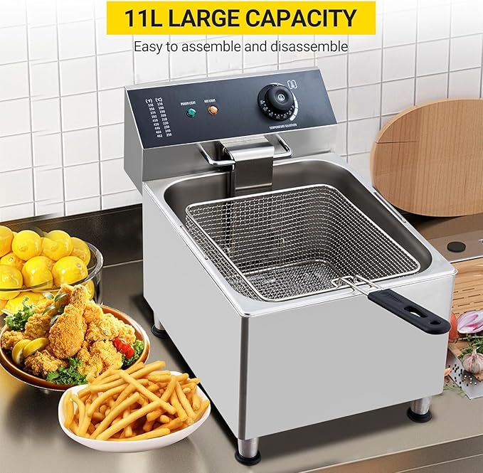 TROPOW 11L Commercial Deep Fryer | 304 Stainless Steel Electric Countertop Fryer with XL Basket & Lid | 1700W 110V for Restaurant & Home Kitchen