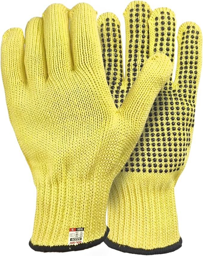 Heat Cut Resistant Gloves,Aramid leather Oven Gloves with Fingers,Heat Resistant Up to 550°F, Thick Knit Grill Mitts (silicone beads, Small)