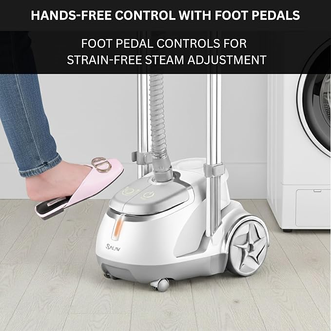 SALAV® Professional Standing Garment Steamer with Retractable Power Cord, Foot Pedal Control, Wheels for Easier Movement (Silver)