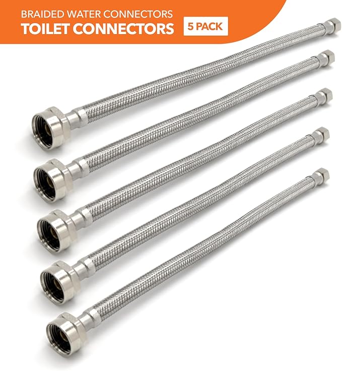 Stainless Steel Braided Water Connectors with Reinforced PVC Inner Hose for Toilets, 3/8" Compression x 7/8" Metal Ballcock, 12" Length (5Pack)