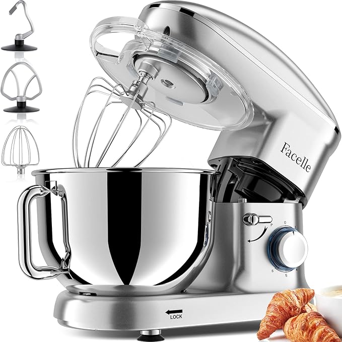 Facelle Stand Mixer, Electric Kitchen Mixer, 660W 6 Speed Tilt-Head stand mixer with Pulse, Attachments include 6.5QT Bowl, Dishwasher Safe Beater,Dough Hook,Whisk for Dough,Baking,Cakes,Cookie-Silver