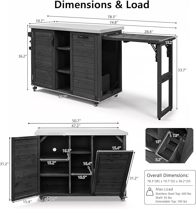 78.3" Outdoor Kitchen Island with Foldable Grill Table - Wooden Grill Cart with Stainless Steel Top, Trash Can Storage and Adjustable Shelves