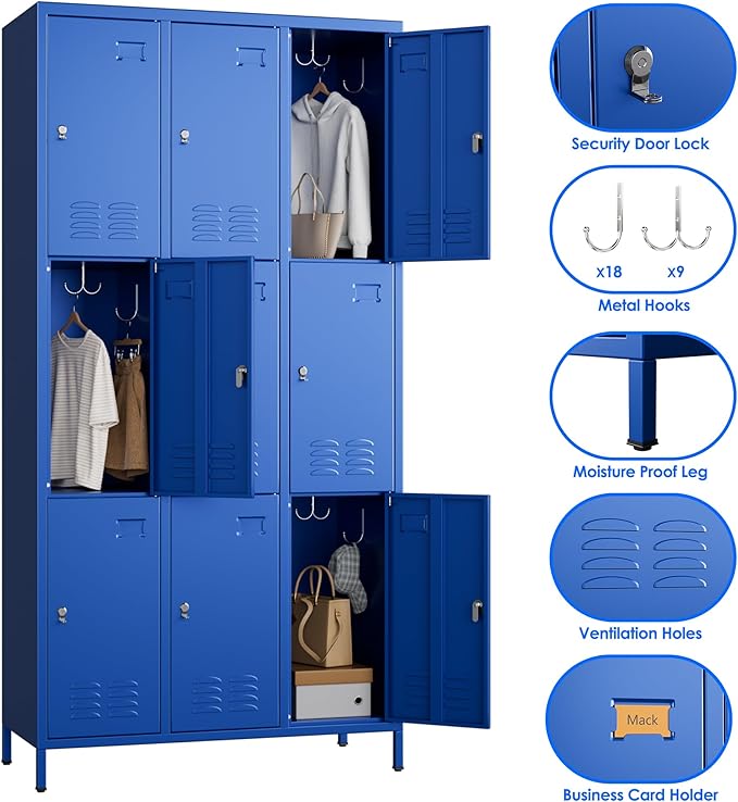 METAN Metal Locker for School Office Gym Bedroom,9 Doors Steel Storage Lockers Cabinet for Employees,Industrial Storage with Padlock,Assembly Required,Blue